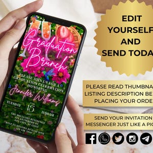 May include: A smartphone screen shows a graduation brunch invitation with floral and strawberry illustrations. The invitation text includes "Graduation Brunch," the honoree's name, date, time, and RSVP details. Gold starburst and rectangular text boxes are also visible.