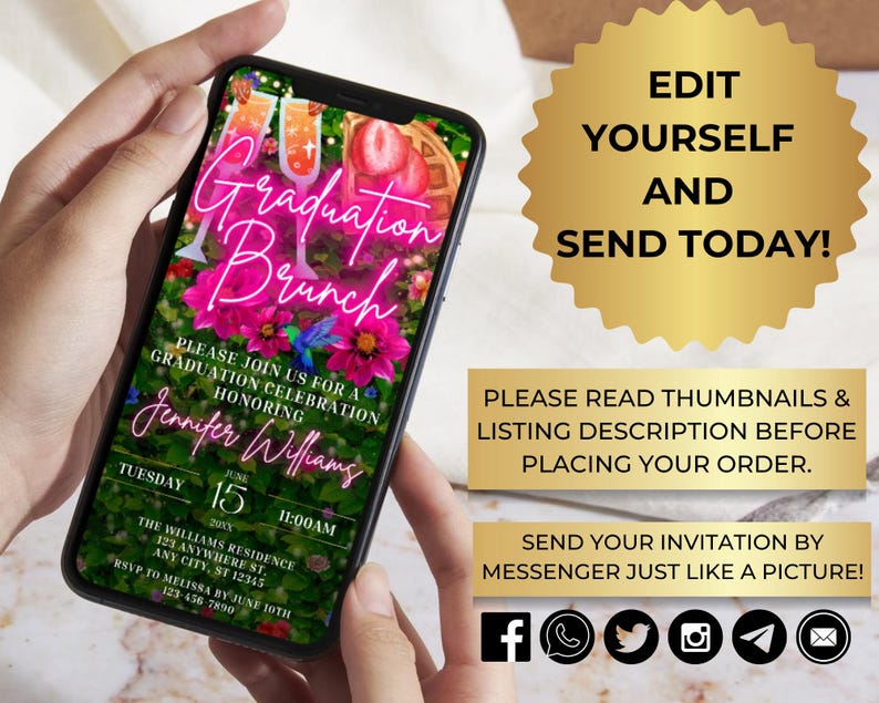 May include: A smartphone screen shows a graduation brunch invitation with floral and strawberry illustrations. The invitation text includes "Graduation Brunch," the honoree's name, date, time, and RSVP details. Gold starburst and rectangular text boxes are also visible.