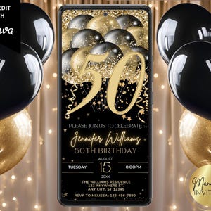 Digital 50th Birthday Black Gold Balloons Party Invitation, For Him Her, Electronic Phone Evite, Editable Canva Template, Instant Download