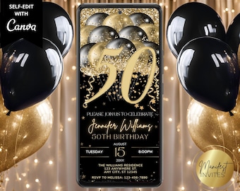 Digital 50th Birthday Black Gold Balloons Party Invitation, For Him Her, Electronic Phone Evite, Editable Canva Template, Instant Download