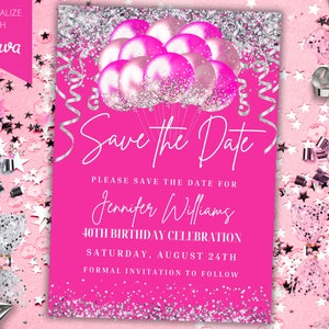 Bearbeitbare Hot Pink Silber Glitzer Luftballons Speichern Sie die Datum Party Einladung Vorlage, druckbare Karte und Telefontext Evite, Instant Download