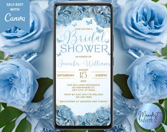 Digital Bridal Shower Invitation, Spring Bridal Brunch, Blue Gold Floral, Phone Text Evite, Editable Template, Instant Download, DM62