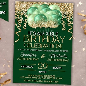 Modèle d'invitation modifiable double anniversaire ballons scintillants or vert, carte imprimable et texte de téléphone Evite, téléchargement immédiat