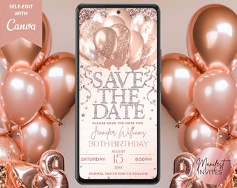 Cyfrowe zaproszenie na przyjęcie urodzinowe z różowym złotem i diamentowymi balonami, z funkcją Save the Date, zaproszenie telefoniczne, edytowalny szablon, natychmiastowe pobranie, RGBN2