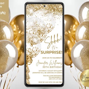 Convite digital Shhh It's a Surprise com balões dourados brancos para festa de aniversário, texto eletrônico para telefone, modelo editável, download instantâneo