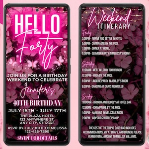 Digital Hello Forty 40th Birthday Weekend Itinerary Pink Floral Invitation, Electronic Text Evite, Editable Template, Instant Download, PF01