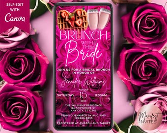 Digital Brunch with the Bride Bridal Shower Invitation, Champagne Breakfast, Hot Pink Roses, Text Evite, Editable Template, Instant Download