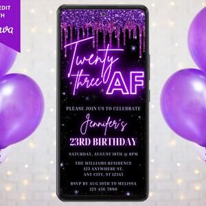 Digital 23 AF 23. Geburtstag Party Einladung, elektronischer Telefontext Evite, Neon lila Glitzertropfen, bearbeitbare Vorlage, Sofort Download