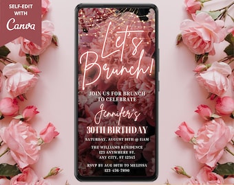 Digital Let's Brunch Neon Pink Blush Floral Birthday Party Invitation, Electronic Phone Text Evite, Editable Template, Instant Download