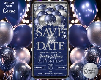 Digital Navy Blue Silver Balloons Diamond Save The Date Invitation, Birthday Graduation, Phone Evite, Editable Template, Instant Download