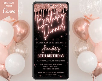 Digital Rose Gold Birthday Dinner Invitation, Electronic Phone Text Message Evite, Neon Glitter Drip, Editable Template, Instant Download