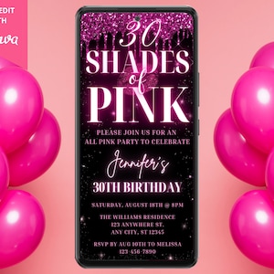 Digital Any Age Shades of Pink Birthday Party Invite, Electronic Evite, Neon Pink Glitter Drip, Editable Template, Instant Download, PGD7