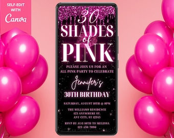 Digital Any Age Shades of Pink Birthday Party Invite, Electronic Evite, Neon Pink Glitter Drip, Editable Template, Instant Download, PGD7