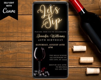 Digital Winery Birthday Party Invitation, Electronic Phone Text Message Evite, Let's Sip, Wine Tasting, Editable Template, Instant Download