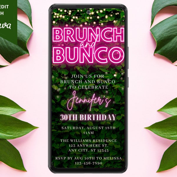 Digital Brunch and Bunco Birthday Party Invitation, Digital Phone Evite, Pink Neon Greenery, Editable Template, Electronic, Instant Download