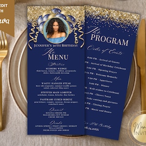 Edytowalny obraz Niebieskie Złote Brokatowe Balony Menu i Karta Programu Szablon, Wydrukowane Menu Wydarzenia i Karta Napojów, Menu Kolacji Urodzinowej