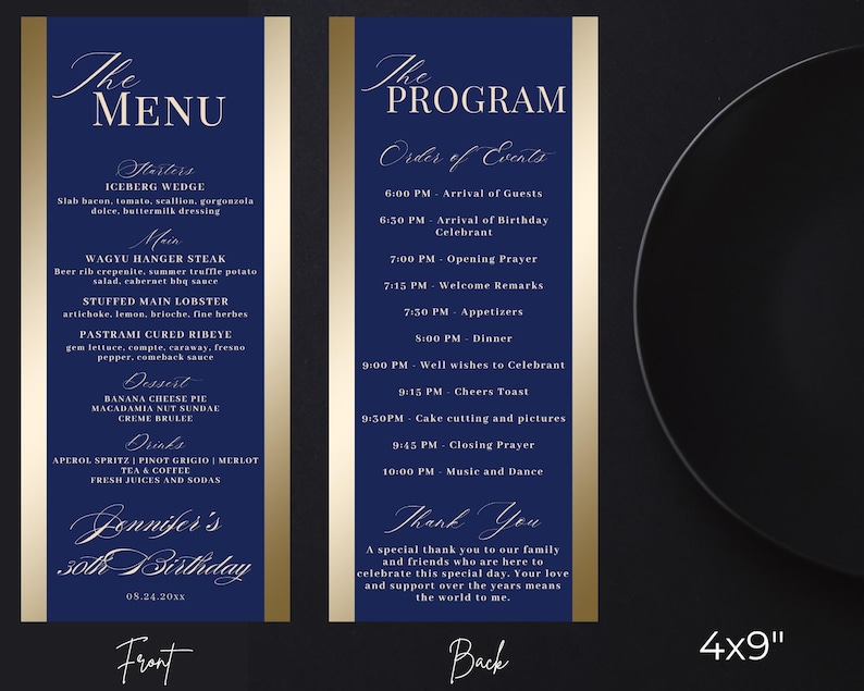 Editable Modern Blue Gold Menu and Event Program Card Template, Thank ...