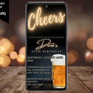 Electronic Men&#39;s Cheers Birthday Party Invitation, Digital Phone Text Message Email Evite, Beer, Self-Edit Template, Instant Download