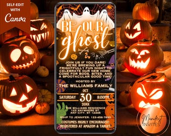 Invitación digital "Sé nuestro fantasma" para fiesta de inauguración de Halloween, fiesta de bienvenida espeluznante, mensaje de texto para teléfono de Evite, plantilla editable, descarga instantánea