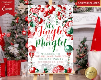 Bearbeitbares festliches Jingle und Mingle Weihnachtsfeier Willkommensschild, Urlaub Party Dekor, rot grüne Luftballons, druckbare Canva Vorlage zum Herunterladen