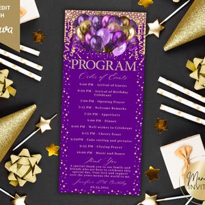 May include: A purple event program with gold accents and a balloon design. The program includes the order of events, from guest arrival to music and dance. The text reads "SELF-EDIT WITH Canva" and "Manifest Invites".