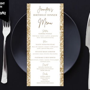 Wydrukuj Biało-złotą brokatową kartę menu urodzinowej kolacji, kartę menu urodzinowej kolacji i drinków, edytowalny szablon, natychmiastowe pobranie