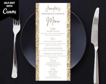 Printable White Gold Glitter Birthday Dinner Menu Card, Birthday Dinner Party and Drink Menu Card, Editable Template, Instant Download