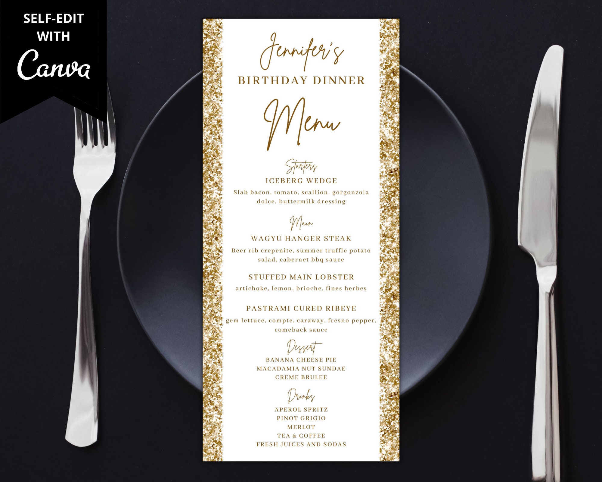 Printable White Gold Glitter Birthday Dinner Menu Card, Birthday Dinner Party and Drink Menu Card, Editable Template, Instant Download