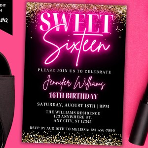 Editable Sweet Sixteen 16th Birthday Pink Neon Gold Glitter Party Invitation Template, Printable Birthday Invite, Instant Download, PG38