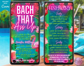 Digital Tropical Bachelorette Party Weekend Itinerary Invitation, Bach That Ass Up, Pool Party, Editable Template, Instant Download