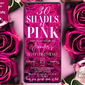 Invito digitale per la festa di compleanno con rose rosa, adatto a tutte le età, in tonalità di rosa acceso, invito elettronico per telefono, modello modificabile, download immediato