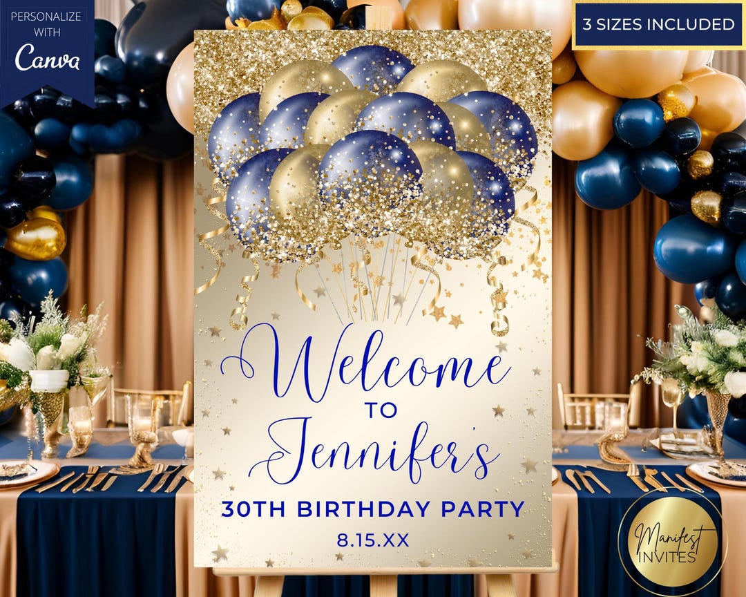 Editable Glam Blue Gold Glitter Balloons Birthday Party Welcome Sign ...