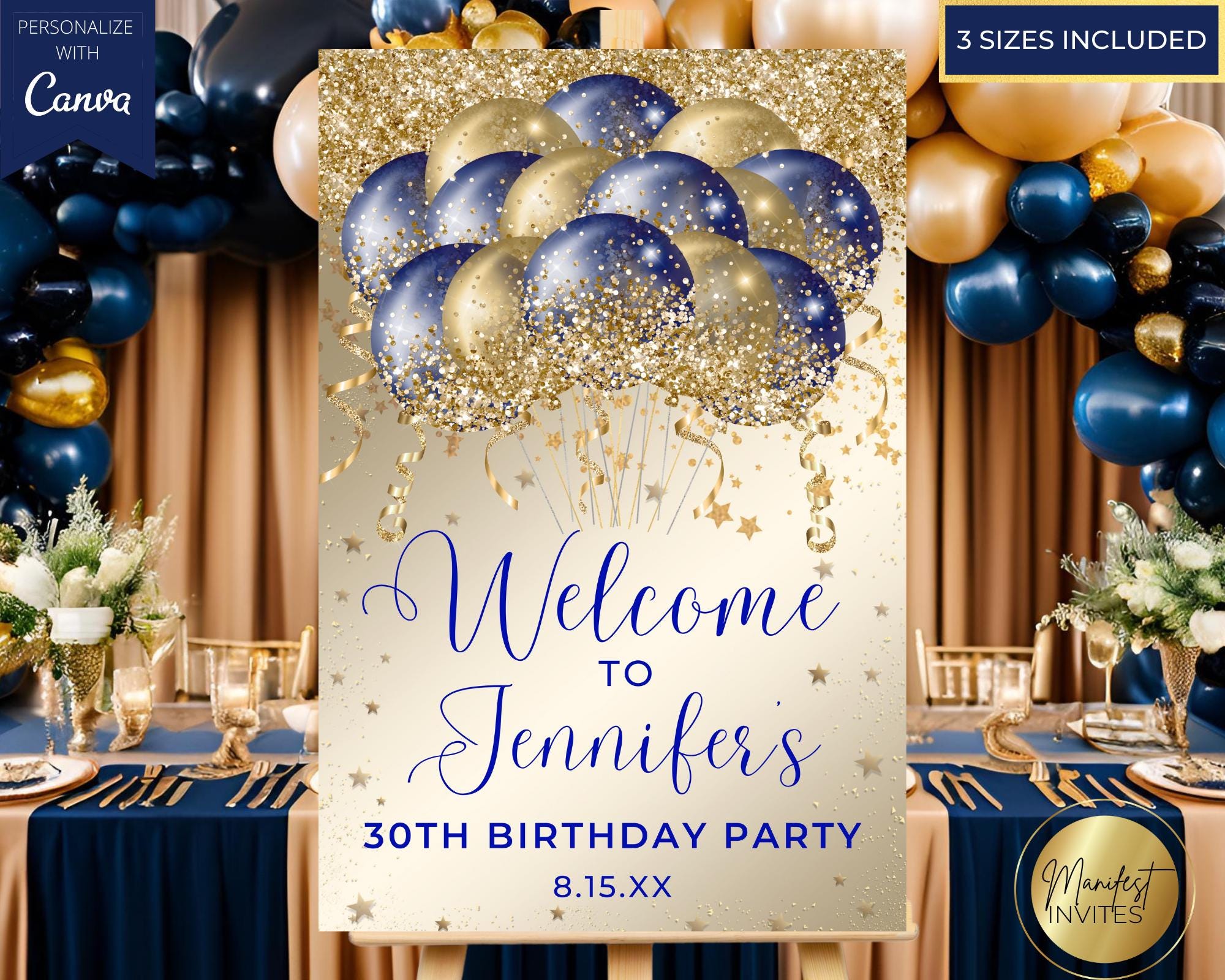 Editable Glam Blue Gold Glitter Balloons Birthday Party Welcome Sign ...
