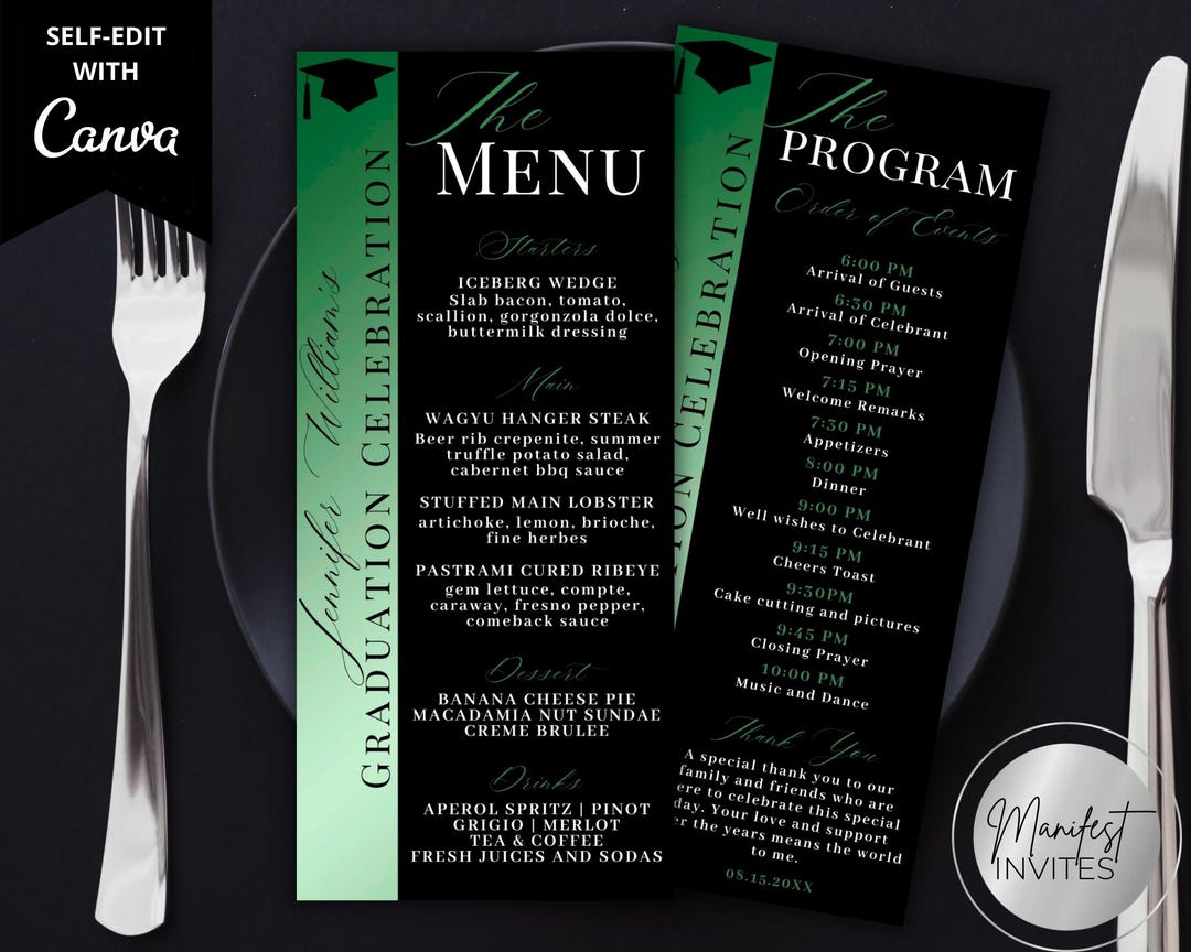 Menu Greeting Graduation Editable Elegant Green Graduation Menu Program & Thank You Card, Grad ...