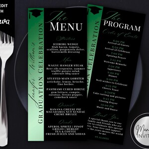 May include: Black graduation menu and program cards with green detailing. The menu features starters, main courses, desserts, and drinks. The program details the order of events, including arrival, prayer, and music. Cards are self-editable with Canva.