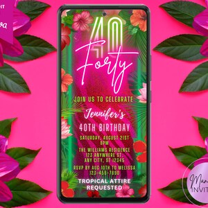 Digital Tropical Pink Floral Forty 40th Birthday Party Invitation, Electronic Phone Text Evite, Editable Template, Instant Download, TPG4