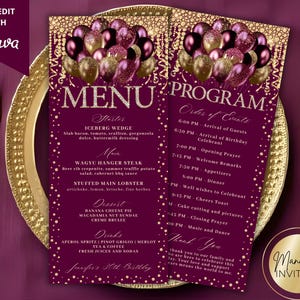May include: Dark purple menu and program cards with gold detailing. The menu lists dishes, and the program details the event's schedule. Both cards are decorated with balloon graphics, creating a festive atmosphere.