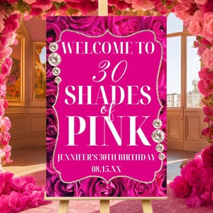 Bearbeitbares Rosa Farbtöne Geburtstagsparty Willkommensschild, Rosa Blumenrosen Diamanten, druckbares Party Poster, Canva Vorlage, sofortiger Download Bild 3