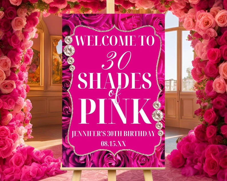 Bearbeitbares Rosa Farbtöne Geburtstagsparty Willkommensschild, Rosa Blumenrosen Diamanten, druckbares Party Poster, Canva Vorlage, sofortiger Download Bild 3