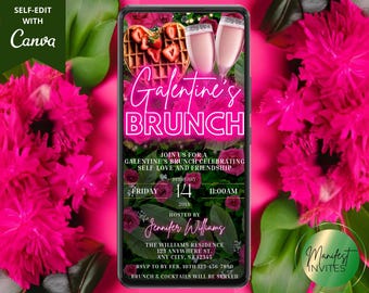 Digital Galentine's Brunch Valentinstag Party-Einladung, Telefontext Evite, Pink Neon Blumengrün, bearbeitbare Vorlage, Sofort Download