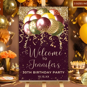 Plantilla editable de letrero de bienvenida para fiesta de cumpleaños con temática de otoño, letrero decorativo para fiesta de cumpleaños, tablero de bienvenida para cena de otoño, descarga instantánea