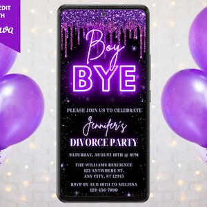 Electronic Divorce Party Invitation, Digital Phone Text Message Evite, Boy Bye, Purple Glitter Drip, Editable Template, Instant Download