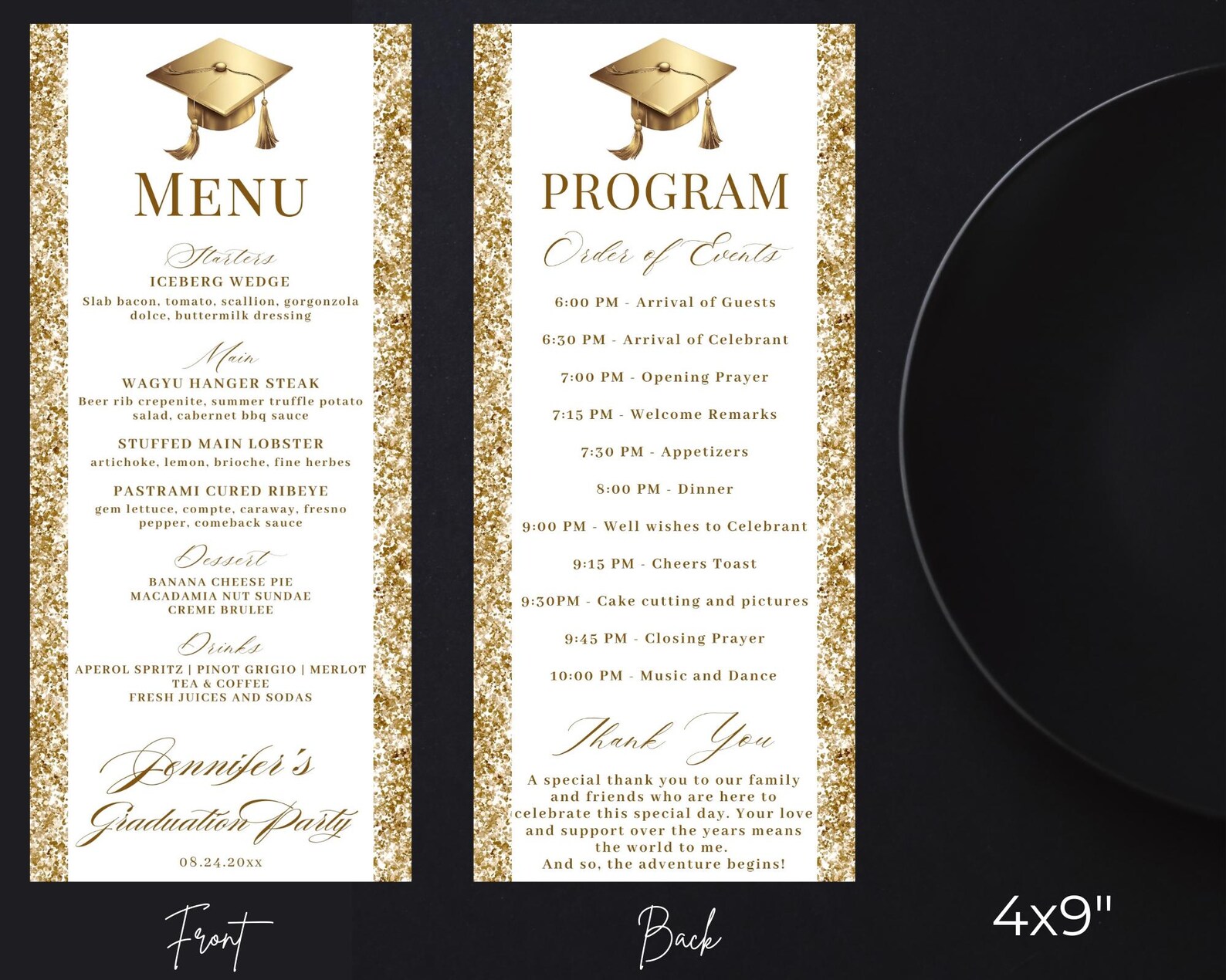 Editable Modern Graduation White Gold Dinner Menu Card and Program ...