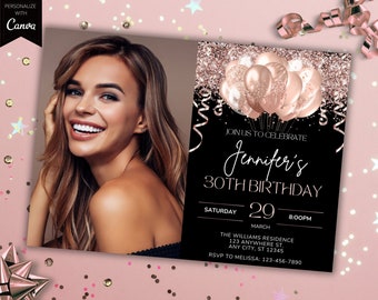 Bearbeitbares Foto rosa Rose gold Glitter Ballons Geburtstag Party Einladung, druckbare Karte und Evite, bearbeitbare Vorlage, sofortiger Download