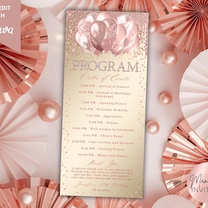 Pode incluir: Um programa de eventos em ouro rosa com um gráfico de balões no topo. O programa lista a ordem dos eventos, incluindo a chegada dos convidados, o jantar e a música. O texto "Manifest Invites" está na parte inferior.