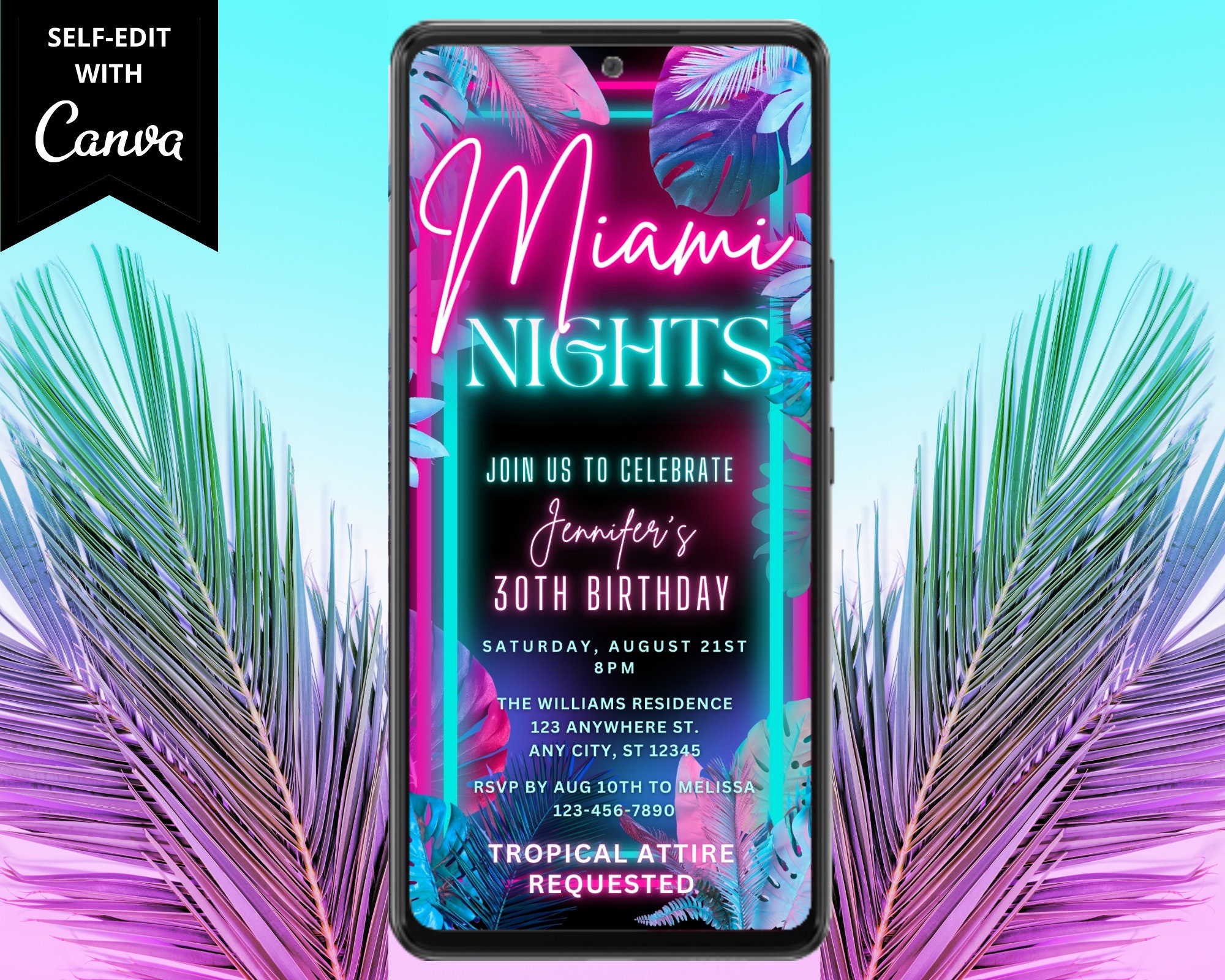 その他 Invitation Digital Summer Tropical Miami Nights Birthday Party Invitation