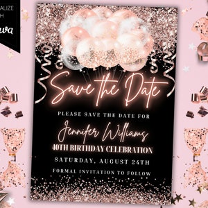 Modèle d'invitation à une fête modifiable avec ballons scintillants en or rose rose, modèle d'invitation à faire gagner la date, carte imprimable et texte de téléphone Evite, téléchargement immédiat