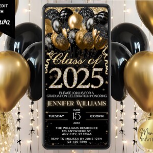 Invito alla festa di laurea elegante digitale della classe del 2025, palloncini neri e dorati, invito telefonico, modello modificabile, download immediato