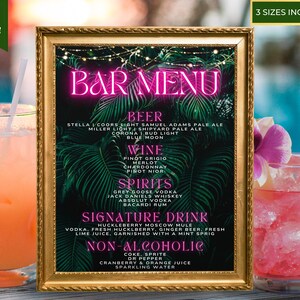 Editable Tropical Pink Neon Bar Menu Template, Printable Signature Drink Cocktail Bar Sign, Table Sign, Luau Pool Birthday, Instant Download