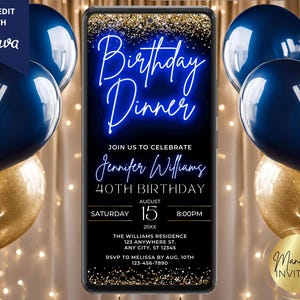 Digital Birthday Dinner Blue Neon Gold Glitter Glam Party Invitation, Phone Text Email Evite, Editable Canva Template, Instant Download
